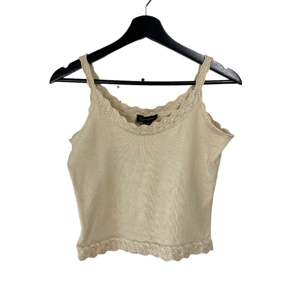Vintage 90s Tan Crochet Trim Knit Short Waist Sleeveless Top XS